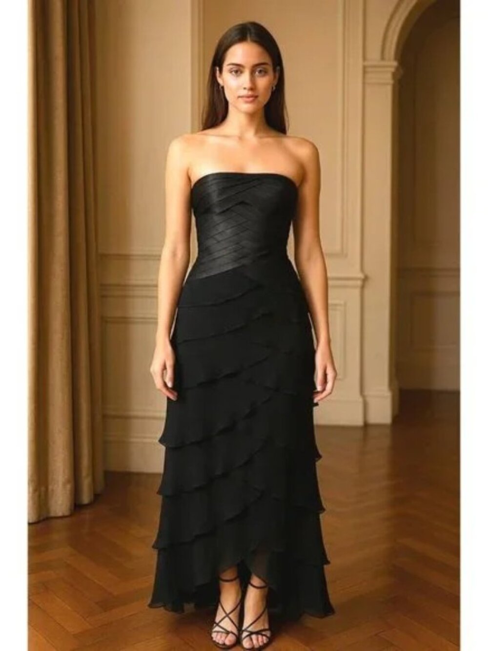 Tadashi Shoji Black Silk Chiffon Layered Dress Size 4 Elegant Cocktail Midi